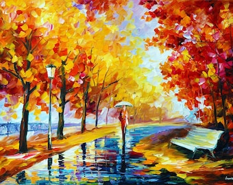 May include: Impressionistic oil painting of a park scene in autumn. Trees with vibrant orange and yellow foliage line a path reflecting in puddles. A person with an umbrella walks along the path, and a bench sits nearby.