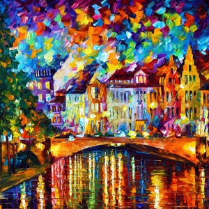 May include: An impressionistic painting of a European cityscape at night. The artwork features a bridge over a canal, with buildings lining the water's edge. The color palette is vibrant, with warm oranges, yellows, and reds contrasting with cool blues and greens.