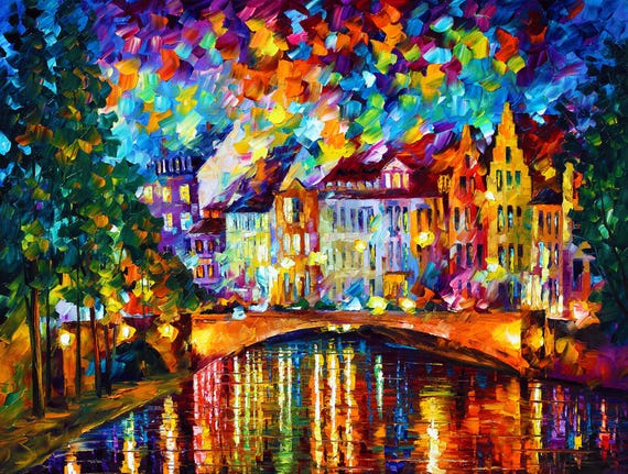 Colorful Cityscape Canal, Skyline Wall Art, Urban Decor, Living Room, Bedroom, Office, Vibrant City Scene Canvas by Leonid Afremov Studio