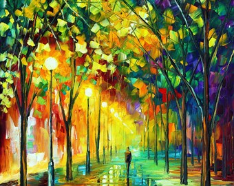 Puede incluir: Pintura impresionista de una calle arbolada de noche. Una persona camina por un camino mojado y reflectante, iluminado por farolas. Los árboles están representados en tonos vibrantes de verde, amarillo, naranja y morado.