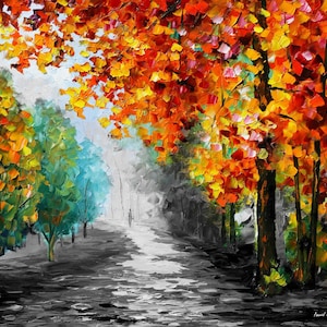 May include: An oil painting depicts a path through a forest in autumn. The trees on the right are ablaze with orange and yellow leaves, while the left side features green and blue trees. The path is in grayscale.