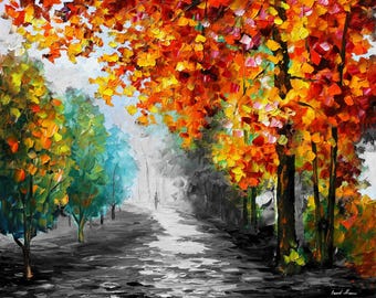 May include: An oil painting depicts a path through a forest in autumn. The trees on the right are ablaze with orange and yellow leaves, while the left side features green and blue trees. The path is in grayscale.