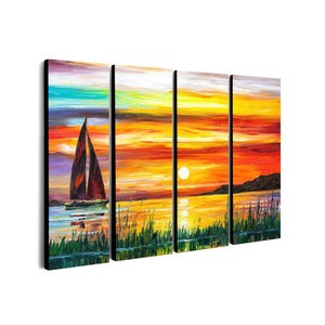 May include: A four-panel canvas art piece depicting a sunset over water. A sailboat with a dark sail is on the water. The sky transitions from blue to orange and yellow. Green reeds are in the foreground. The sun is a bright white circle.