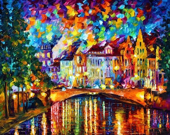 Reflections Of The Past -Handmade Artwork - Bright Oil Painting of City, Wall decor Oil on canvas by Leonid Afremov