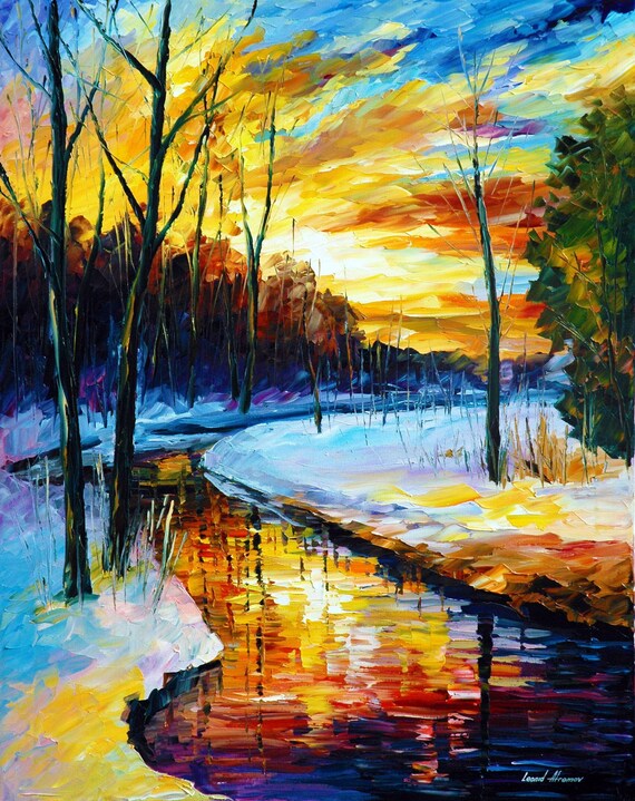 Winter Wall Art Oil painting Sunset Artwork On Canvas by Leonid Afremov