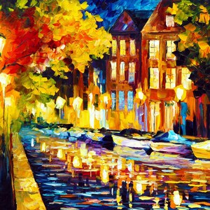 May include: An impressionistic painting of a European canal at night. The artwork features a row of buildings with lit windows, a lamplit walkway, and boats on the water. The color palette includes warm yellows, oranges, and reds, contrasted with cool blues and purples.