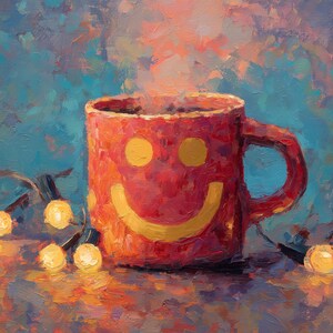 May include: A vibrant painting of a red mug with a yellow smiley face, emitting steam. The mug is next to a string of glowing yellow lights, set against a blue and orange background. The artwork has a warm, inviting feel.