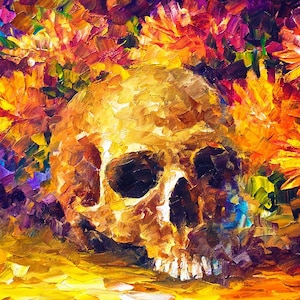 May include: An oil painting featuring a golden skull surrounded by vibrant flowers in shades of red, orange, and purple. Two lit candles are on the left. The artwork is signed by Leonid Afremov.