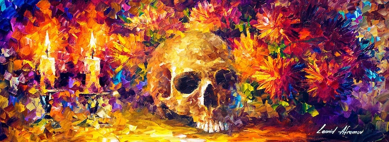 May include: An oil painting featuring a golden skull surrounded by vibrant flowers in shades of red, orange, and purple. Two lit candles are on the left. The artwork is signed by Leonid Afremov.