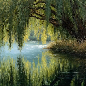 May include: A serene landscape painting of a weeping willow tree overhanging a calm body of water. The tree's green leaves and branches are reflected in the water, creating a symmetrical image. The painting captures the natural beauty of the scene.