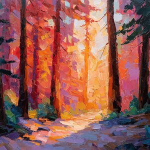 May include: An impressionistic oil painting of a forest scene. The artwork features tall, dark tree trunks with vibrant orange, red, and pink foliage. Sunlight streams through the trees, illuminating a path. The painting has a textured, impasto style.
