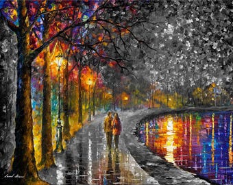 Pareja caminando junto al lago - Pintura al óleo de paisaje en blanco y negro para decoración de paredes de Leonid Afremov Studio