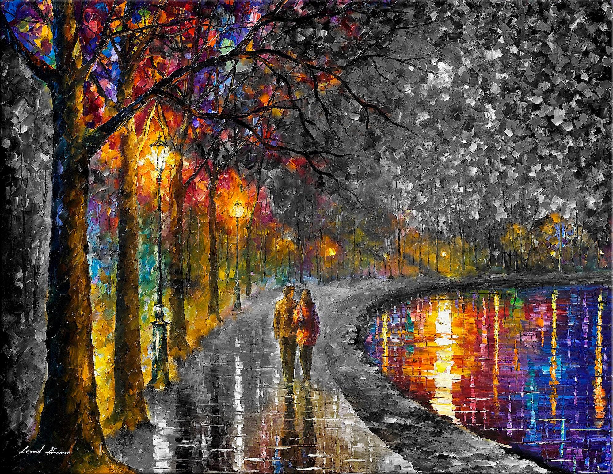 Couple Walking by Lake - Black and White Landscape Oil Painting