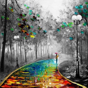 May include: Oil painting of a park scene with a colorful path and a person with an umbrella. The trees and background are in grayscale, with pops of color in the leaves and path. Street lamps line the path.