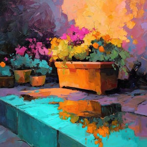 Puede incluir: Una pintura impresionista de flores en macetas en tonos naranja, amarillo, rosa y turquesa. Las flores están en macetas de terracota, con un fondo vibrante y colorido. La pintura captura el juego de luces y sombras.