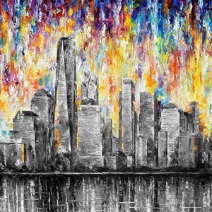 May include: A cityscape painting in grayscale with a vibrant, colorful sky. The buildings are in shades of gray, reflecting in the water below. The sky is a blend of yellow, orange, blue, and purple.
