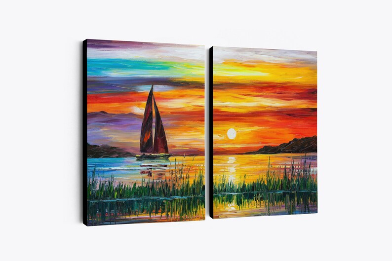May include: A two-panel canvas art piece depicting a sunset over a lake. The left panel shows a sailboat with a brown sail, while the right panel features the sun setting over the water. The sky is a mix of orange, yellow, and purple hues.