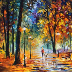 May include: An impressionistic oil painting of a park scene in autumn. A person walks a dog along a wet path lined with lampposts and trees with colorful foliage. A park bench sits to the right, and the sky is a mix of blues and purples.