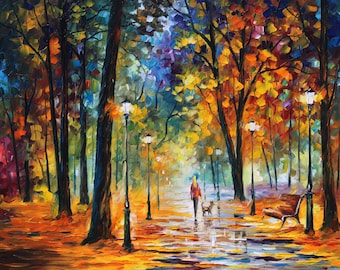 May include: An oil painting depicting an autumn park scene. A person walks a dog along a wet path, flanked by lampposts and trees with vibrant foliage. A park bench is on the right, and the sky features blues and purples, creating a colorful atmosphere.