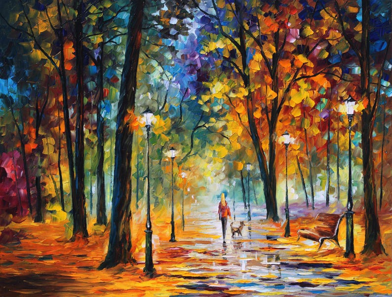 May include: An impressionistic oil painting of a park scene in autumn. A person walks a dog along a wet path lined with lampposts and trees with colorful foliage. A park bench sits to the right, and the sky is a mix of blues and purples.