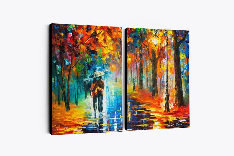 May include: A two-panel canvas art print depicting a vibrant autumn scene. The artwork features a couple walking under an umbrella on a wet path, surrounded by colorful trees. The style is impressionistic, with bold brushstrokes and a rich palette of reds, oranges, and blues.