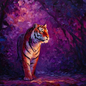 May include: An oil painting of a tiger in a forest. The tiger has orange and black stripes, with a white chest and face. The background is a vibrant mix of purple and pink, with hints of blue and green. The artwork has a textured, impressionistic style.