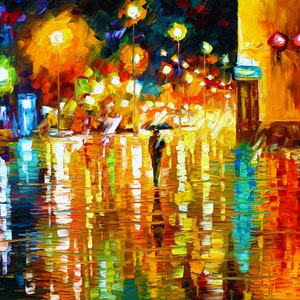 Rainy City Night with Bright Reflections: Giclee Canvas Wall Art Print for Modern Home Decor by Leonid Afremov Studio