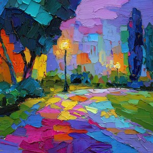 Könnte beinhalten: Impasto-Ölgemälde einer Parkszene in der Abenddämmerung. Das Kunstwerk zeigt einen Weg mit farbenfrohen Pinselstrichen, Straßenlaternen, Bäumen und Gebäuden. Die Farbpalette umfasst Blau-, Grün-, Gelb-, Orange- und Lilatöne, wodurch eine lebendige und strukturierte Landschaft entsteht.