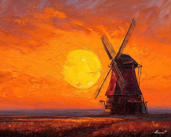 夕暮れの風車：レオニード・アフレモフ・ギャラリーによるキャンバスに