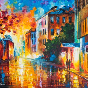Orange Cityscape Canvas Art by Leonid Afremov Studio - Rainy Day Impressionism