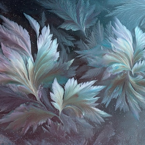 May include: An abstract painting featuring stylized, feathery forms in shades of blue, teal, and lavender. The artwork has a soft, ethereal quality, with the forms overlapping and creating a sense of depth. The overall effect is reminiscent of frost or ice crystals.