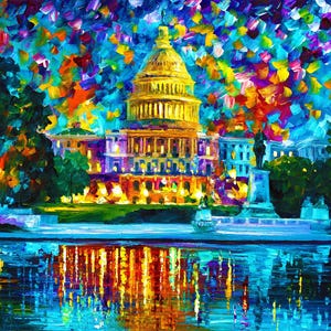 May include: An impressionistic painting of the U.S. Capitol building at night. The golden dome is illuminated against a backdrop of colorful brushstrokes. The building is reflected in the water below, creating a vibrant and dynamic scene.