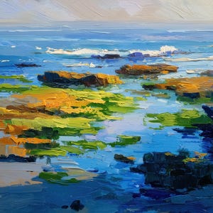 May include: An oil painting depicts a coastal scene with a vibrant palette. The artwork showcases a blue ocean with white-capped waves, golden-brown rocks, and patches of green and yellow seaweed. The sky is a soft, muted blue.