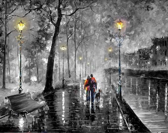 Dipinto a olio di paesaggio. Un'opera d'arte su tela di grandi dimensioni e accattivante in bianco e nero realizzata dallo studio Leonid Afremov.