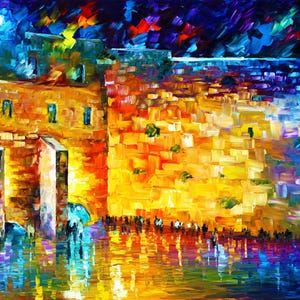 May include: An impressionistic painting of a stone structure with a vibrant color palette. The artwork features a warm, golden-yellow building with blue accents, reflecting in the water below. The sky is a mix of blues, oranges, and yellows.