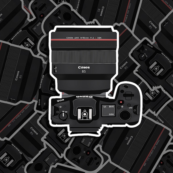 Canon EOS R5 + RF 85mm, Kamera Sticker für Laptop, Fotografie Sticker, Kamera Sticker für Hydroflask. Kamera Vinyl Sticker, Handgezeichnet