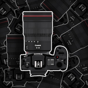 Canon EOS R5 + RF15-35, autocollant d&#39;appareil photo pour ordinateur portable, autocollant de photographie, autocollant d&#39;appareil photo pour Hydroflask. Autocollant en vinyle pour appareil photo, dessiné à la main