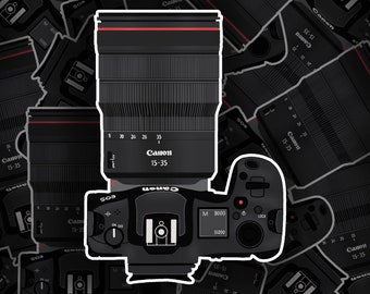 Canon EOS R5 + RF15-35, pegatina de cámara para portátil, pegatina de fotografía, pegatina de cámara para Hydroflask. Pegatina de vinilo para cámara, dibujada a mano.