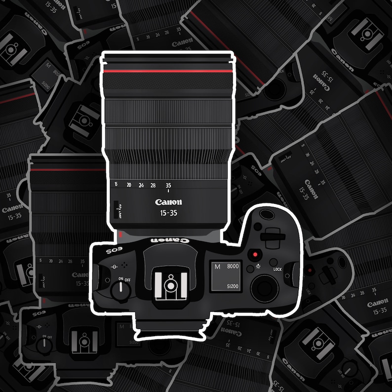 Canon EOS R5 + RF15-35, Kameraklistermärke för laptop, Fotoklistermärke, Kameraklistermärke för Hydroflask. Kameravinylklistermärke, Handritat bild 1