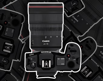 Adesivo para laptop com a câmera Canon EOS R5 + RF24-70, adesivo fotográfico, adesivo para garrafa Hydroflask. Adesivo de vinil para câmera, desenho à mão.
