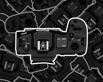 Canon R5-behuizing, camerasticker voor laptop, fotografiesticker, camerasticker voor hydroflask. Vinylsticker camera, met de hand getekend