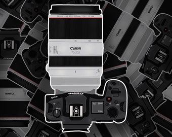 Canon EOS R5 + RF70-200, pegatina de cámara para portátil, pegatina de fotografía, pegatina de cámara para Hydroflask. Pegatina de vinilo de cámara, dibujada a mano.