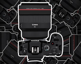 Canon EOS R6 + RF 85 mm, Adhesivo de cámara para portátil, Adhesivo de fotografía, Adhesivo de cámara para Hydroflask. Adhesivo de vinilo para cámara, dibujado a mano