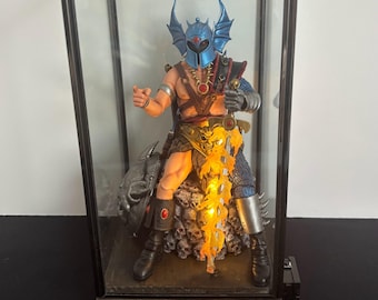 Warduke Action Figure Glass Display with Light-up Flaming Sword Effect and Custom 3d Printed Pile of Skulls - Custom Made/Hand Painted Parts
