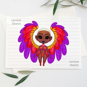 May include: A digital illustration of a person with brown skin wearing a colorful costume with large purple and red wings. The person is wearing a gold crown and has a gold necklace. The background is white with the text "Carnival District" repeated multiple times.