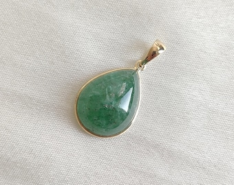Natural Green Aventurine Pendant, 14K Solid Yellow Gold Pendant, August Birthstone,  Strawberry Quartz Bezel Pendant, Aventurine Jewelry
