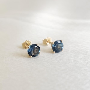 Natural London Blue Topaz Studs Earrings, 14K Solid Yellow Gold Blue Topaz Earrings, December Birthstone, Valentine Gift, Blue Topaz Jewelry
