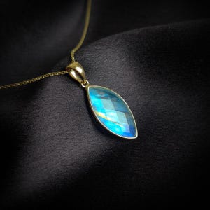Natural Rainbow Moonstone Pendant, 14K Solid Yellow Gold Rainbow Moonstone Pendant, Blue Moonstone Jewelry, June Birthstone, Christmas Gift