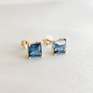Natural London Blue Topaz Studs Earrings, 14K Solid Yellow Gold Blue Topaz Earrings, December Birthstone, Valentine Gift, Blue Topaz Jewelry
