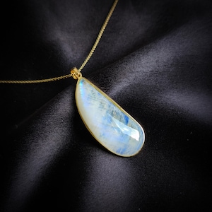 Natural Rainbow Moonstone Pendant, 14K Solid Yellow Gold Moonstone Pendant, Blue Moonstone Jewelry, June Birthstone, Christmas Present
